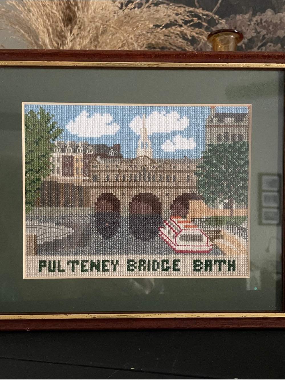 Framed Pulteney Bridge Bath Cross-Stitch Artwork - Green Mat- Vintage
